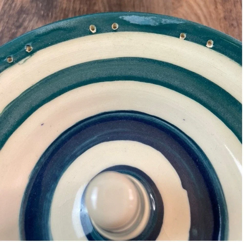Yes Mam Studio Pottery Apple Baker Teal Navy Striped Tripod Footed Ceramic